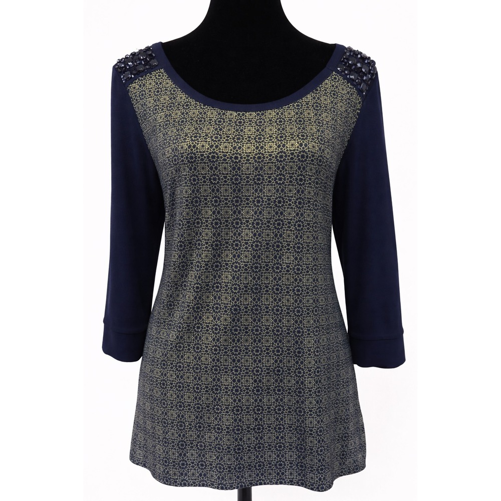 Chico's Womens Emma Top Size 1 Black Knit Gold Ink Print 3/4 Sleeve Embellished